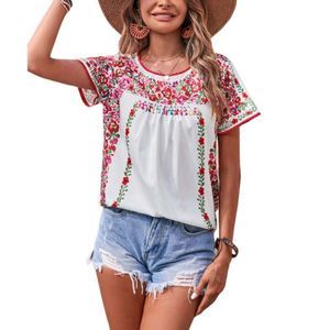 E-RÃ©tro White & Pink Floral Scoop Neck Top Size L